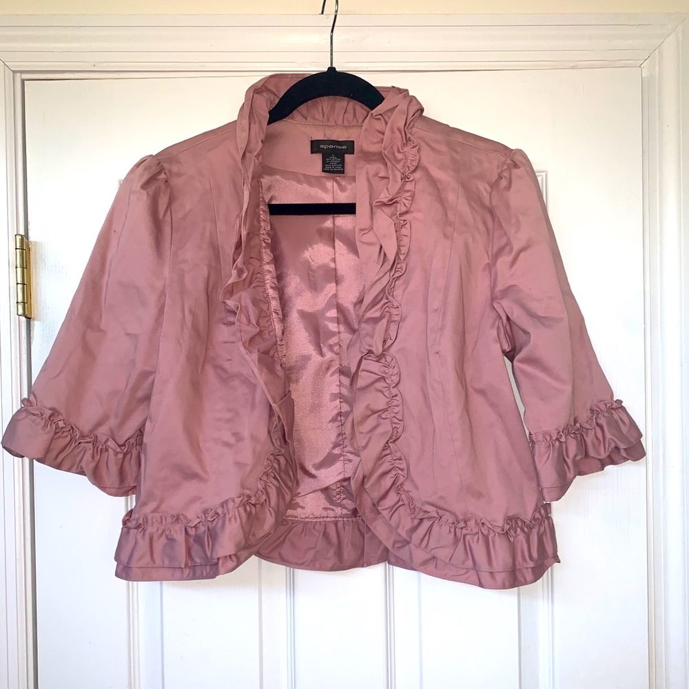 Mauve ruffled romantic open jacket w bell sleeves